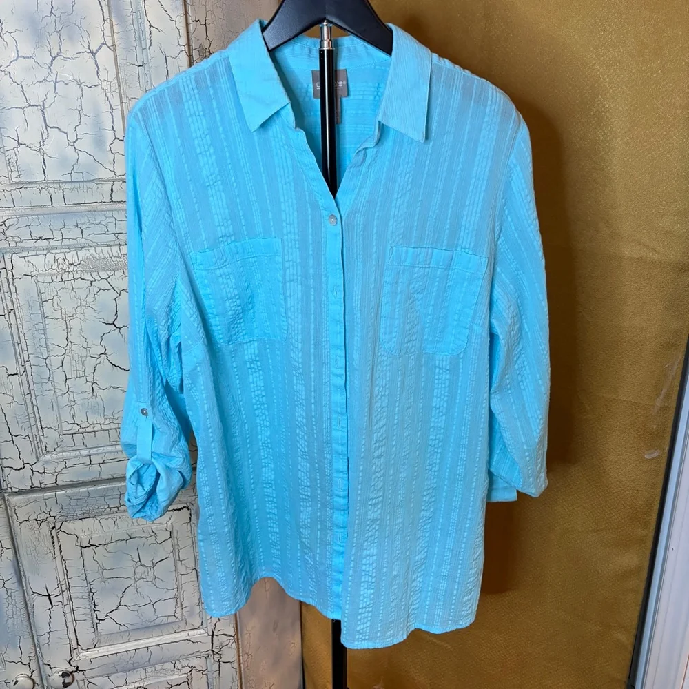 CHICO'S Turquoise Blue Lightweight Button Down Blouse Coastal SZ 2 Large - Picture 1 of 8